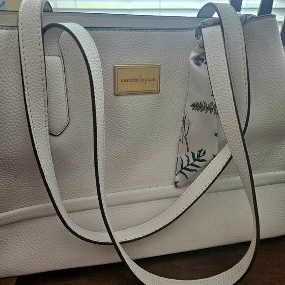 Nanette Lepore Handbags - nanette lepore white double handle inner pockets gold logo hardware Scarf NWOT